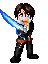 Pixel art character in black outfit with brown belt holding blue lightsaber, transitioning through multiple attack poses against gray background.