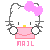 Pixel art of a white cat with pink bow holding a pink envelope, eyes closed in one frame, text 'MAIL' below.