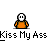 Animated contact sheet of a pixel art character in orange shirt with multiple poses and text "Kiss My Ass" repeated across frames, plus one frame showing lips and speech bubble.