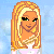 Pixelated character with long blonde hair and green eyes, wearing a white top against light blue background.
