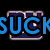 Two side-by-side pixelated text icons on black background, left blue 'SUCK' with purple outline, right white 'COCK' with same purple outline.
