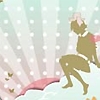 Pixelated figure in brown outfit with pink accents stands on cloud-like shape against striped background with white dots.