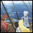 Pixelated image of two anime-style characters on a ship deck with blue sky background, one in red clothing and the other in light blue with white hair.