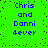 A bright green background with blue pixelated text reading "Chris and Donni 4ever" arranged in two identical vertical , surrounded by scattered black dots