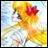 Pixelated static image of a figure with light hair and a red flower-like shape on the head against a light blue and white background.