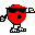 Six pixelated characters with round heads and black sunglasses hold small rectangular objects, each in a distinct color.