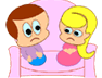 Two cartoon characters sit on a pink couch; left character has brown hair and purple shirt, right has yellow hair and pink dress. Both initially frown with open eyes then close eyes and smile.