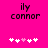 Pixelated text 'ily connor' on bright pink background with five white and one light pink heart symbols below.