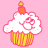 Pixelated cupcake icon with white frosting, orange-yellow base, and small orange candle on top against pink background.