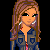 Pixel art contact sheet showing three frames of an animated character with long brown hair wearing a blue jacket, pink shirt, and white boots against dark background with text below.