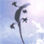 A dark silhouette of a lizard-like creature with star-shaped limbs moves against a light blue sky background with white cloud patterns.