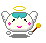 Pixelated angel character with teal hair, pink cheeks, and yellow halo holding a wand that emits red-blue particles in some frames.
