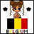 Pixel art contact sheet showing three animated frames of a cartoon character with brown braided hair and blue eyes standing behind the Belgian flag, each frame displaying different star symbols on either side of the character.