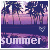 Pixelated landscape with purple and pink hues showing trees, a body of water reflecting the sky, and the word 'summer' in white text at bottom.