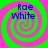 Four identical spiral patterns with alternating green and pink rings, each containing blue text reading "Rae White" in a pixelated font.