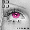A grayscale close-up of a human eye with bright pink pupils, surrounded by black eyelashes and eyebrows, with the word 'beauty' below in mixed black and pink lettering.
