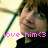 Pixelated image of a person with brown hair and a black top, overlaid with pink text reading 'love him<3' on a light background.