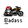 Animated contact sheet of 14 pixel art frames showing a cartoon character with red bandana riding motorcycles and wearing sunglasses, labeled "Badass" under each frame.