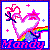 Pixelated icon with pink and purple heart-shaped swirls, rainbow arc, plus signs, and 'Mandy' text in pink letters on blue background.