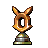 Pixel art trophy with brown and orange ears, a circular ring base, and green-and-gray tiered pedestal on gray background.