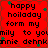 Red background with black text reading 'happy hoiladay form my mily to youmily dehnnie dehnk' and green star-like shapes scattered across the image.