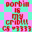 Red pixelated text reads "dorbim is my crib!!! CS ♡3333" on a checkered pink and cyan background with visible compression artifacts.