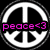 Three circular peace sign icons with 'peace<3' text in pink, cyan, and green, displayed on a black background with a gray area on the right.