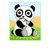 Pixelated panda sits on green grass with light blue sky and yellow background, holding green bamboo stalks.