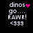 Pixelated text 'dinos go... RAWR! <333' on black background with pink heart and starburst animations.