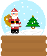 Pixelated snow globe with Santa Claus holding a sack, standing next to a green Christmas tree on snowy ground under falling white dots.