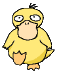 Pixelated yellow duck-like creature with large eyes and orange feet, shown in two sequential poses against a gray background.