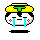 Pixelated cartoon face with yellow halo, green cross, black hair, white cheeks, red flower marks, blue tears, and a mouth that changes shape across frames.