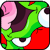 Pixelated cartoon character icon with green body, pink ear, red mouth, and single visible eye on a gray background.