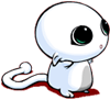 identical cartoon creatures with large black eyes, white bodies, and curved tails, each standing on a red base against a gray background