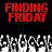 Red pixelated text "FINDING FRIDAY" appears twice on a black background above a of grayscale pixelated figures with raised hands