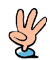 Four cartoon hands in blue cuffs perform sequential gestures: three fingers extended, then two fingers extended, then two fingers extended, then three fingers extended.