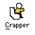 Pixelated icon shows a figure in yellow shirt and black pants holding a white ball, positioned next to a large white arrow on gray background with 'Crapper' text below.