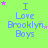 A bright green background displays the text "I Love Brooklyn Boys" in blue pixelated font, surrounded by small pink and yellow stars that shift position across frames.