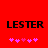 Red background with black text 'LESTER' and five pink star-like symbols below, showing two distinct animation states.