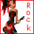 A pixelated animated contact sheet showing two frames of a cartoon woman with red hair playing an electric guitar, next to vertical "ROCK" text on a white background with red borders.