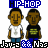 Animated contact sheet of 8 pixel-art frames showing two cartoon characters in hip-hop attire with changing text overlays and clothing details.