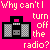 identical pixelated radio icons on a bright pink background with repeated text 'Why can't I turn off the radio?' in yellow and white