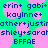 Pixelated text in blue and pink on a green background, arranged in a with repeated names and phrases
