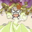 Pixelated anime-style character with messy blonde hair and orange hair tie, wearing light green outfit, mouth open in distress, background purple and beige.