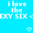 Pixelated text on bright blue background with two white heart icons below, displaying 'i love the EXY SIX' repeated twice.