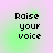 Pixelated text 'Raise your voice' on a gradient background with shifting green and pink hues.