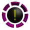 A circular icon with a black center containing a yellow exclamation mark, surrounded by a broken purple ring on a white background.