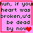 Pixelated text on pink background with red border, showing four variations of a phrase including heart symbols.