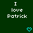 Dark green background with white pixelated text reading "I love Patrick" and two cyan pixelated hearts below the text.