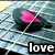 Pixelated image of a pink flower on a dark stem with a black leaf, floating on water with light blue and white reflections, and the word 'love' in white text on a black rectangle at the bottom right.